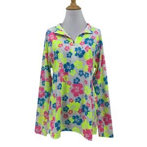 Taylor Jordan Top Womens XL Extra Large White Neon Floral Quarter Zip Floral